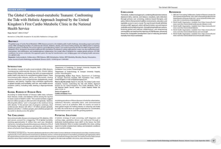 Dr. Narain wrote a review article in the inaugural issue of the Indian Journal of Cardio Diabetology & Metabolic Disease.
